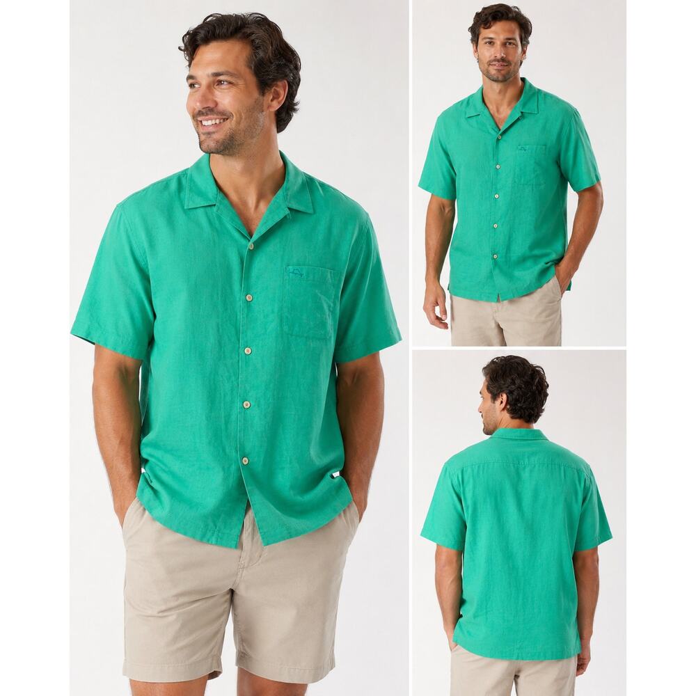 Tommy Bahama Linen Blend Camp Shirt XXL Green Island Resort Casual Button Up